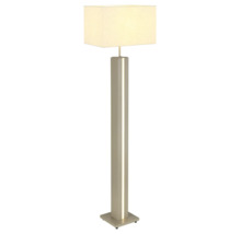 Modern golvlampa med rektangulär textilskärm och träfot med integrerad vertikal LED-list.
