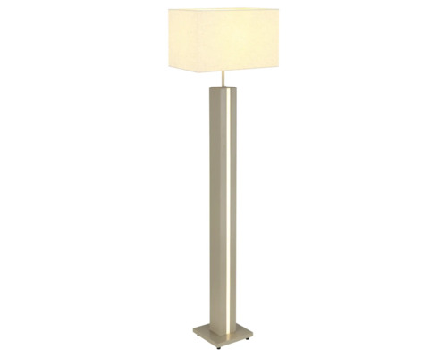 Modern golvlampa med rektangulär textilskärm och träfot med integrerad vertikal LED-list.