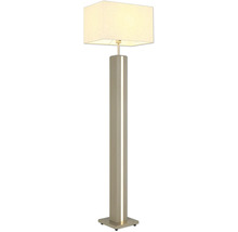 Golvlampa med rektangulär textilskärm och belyst pelare.