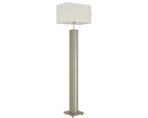 Golvlampa med rektangulär textilskärm och hög, fyrkantig fot.