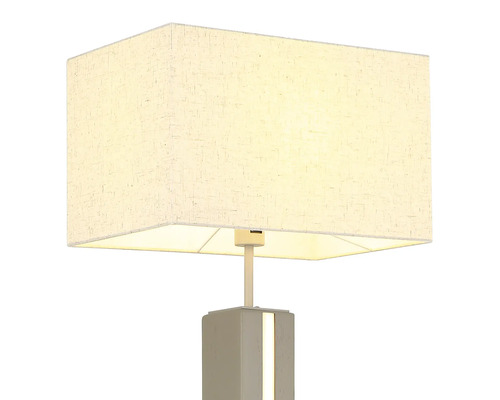 Bordslampa med rektangulär textilskärm i linneoptik och fyrkantig fot med ljusslits.