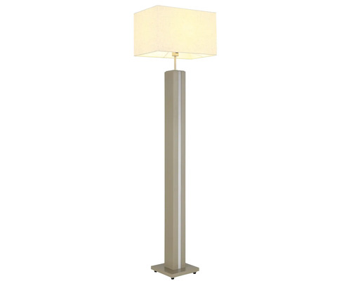 Modern golvlampa med rektangulär textilskärm och kvadratisk träpelare.