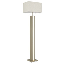 Beige golvlampa med rektangulär textilskärm och kvadratisk pelare med integrerad ljusslinga.