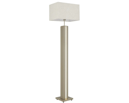 Beige golvlampa med rektangulär textilskärm och kvadratisk pelare med integrerad ljusslinga.