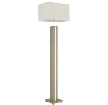 Modern golvlampa med en rektangulär textilskärm och ett högt, fyrkantigt stativ med en integrerad vertikal ljusremsa.