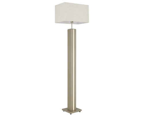 Modern golvlampa med en rektangulär textilskärm och ett högt, fyrkantigt stativ med en integrerad vertikal ljusremsa.