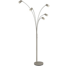 Golvlampa med 5 armar, böjda skaft och cylindriska spothuvuden i metall.