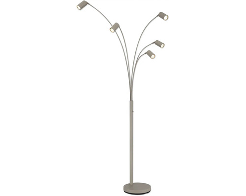 Golvlampa med 5 armar, böjda skaft och cylindriska spothuvuden i metall.