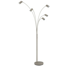 Golvlampa med fem ställbara armar och cylindriska lamphuvuden på en rund bas.
