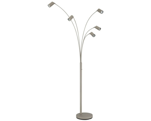 Golvlampa med fem ställbara armar och cylindriska lamphuvuden på en rund bas.