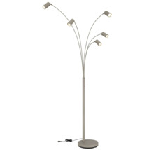 Femarmad golvlampa i metall med cylindriska lamphuvuden och rund fot.