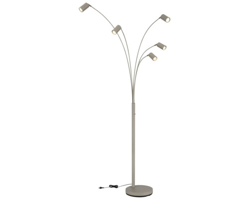 Femarmad golvlampa i metall med cylindriska lamphuvuden och rund fot.