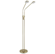 Modern golvlampa i metall med mässingsfinish med två justerbara armar och runda LED-lamphuvuden.