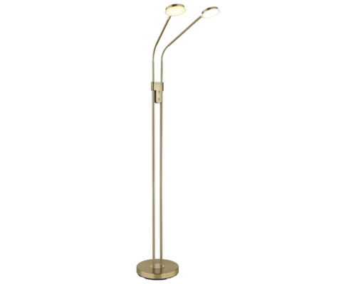 Modern golvlampa med två flexibla armar och runda LED-huvuden i mässingsfinish.