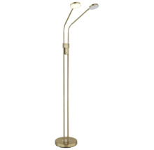 LED-golvlampa i mässingslook med två flexibla armar och rund fot.