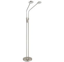 Tvålågig LED-golvlampa i metall med flexibelt riktbara huvuden och rund fot.