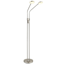 Modern LED-golvlampa med två flexibla armar och runda lamphuvuden i metallfinish.
