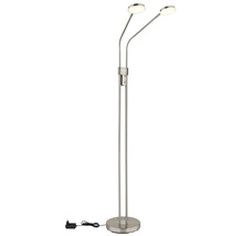 Modern LED-golvlampa i metall med två justerbara, runda ljushuvuden och en rund bas.