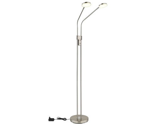 Modern LED-golvlampa i metall med två justerbara, runda ljushuvuden och en rund bas.