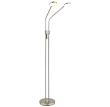 Tvåarmad LED-golvlampa i metall med flexibelt justerbara armar och rund bas.
