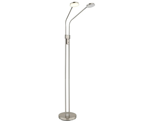 Golvlampa i metall med två flexibelt justerbara huvuden och rund fot.