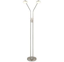 LED-golvlampa med två armar i metall med flexibla huvuden och rund fot.