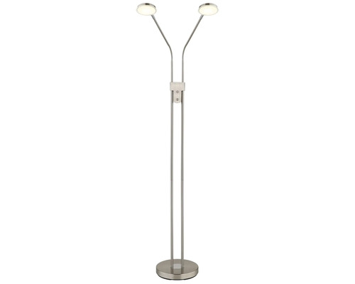 LED-golvlampa med två armar i metall med flexibla huvuden och rund fot.