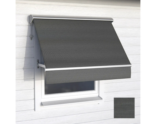 Mörkgrå fönstermarkis i tyg med aluminiumkassett, monterad ovanför ett fönster på en vit fasad.