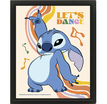 Inramad poster med Disney figuren Stitch som dansar, färgglada våglinjer, texten Lets Dance och Disney Logo.