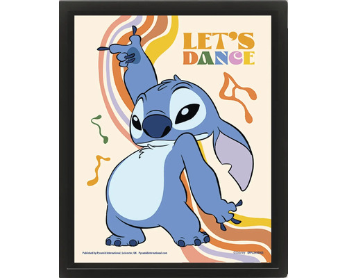 Inramad poster med Disney figuren Stitch som dansar, färgglada våglinjer, texten Lets Dance och Disney Logo.