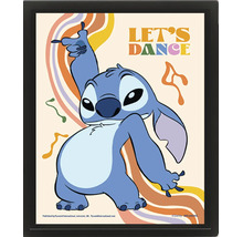 Inramad poster med Disney karaktären Stitch, texten Let's Dance och retro vågmönster.