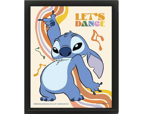 Inramad poster med Disney karaktären Stitch, texten Let's Dance och retro vågmönster.
