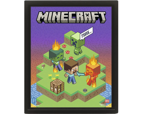 Minecraft-tavla i ram med Steve, Creeper, Zombie och arbetsbänk i pixelstil