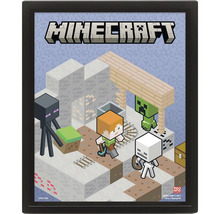 Inramad Minecraft-poster med karaktärerna Alex, Enderman, Creeper och ett skelett i en isometrisk spelscen.