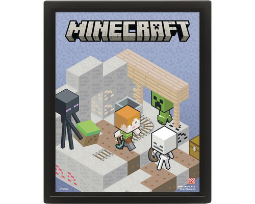 Inramad Minecraft-poster med karaktärerna Alex, Enderman, Creeper och ett skelett i en isometrisk spelscen.