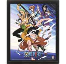 3D lentikulär poster One Piece med karaktärerna Luffy, Zoro, Nami och Robin i en svart ram med One Piece logo.