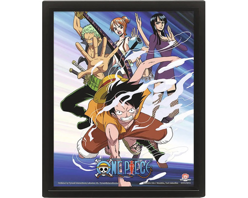 3D lentikulär poster One Piece med karaktärerna Luffy, Zoro, Nami och Robin i en svart ram med One Piece logo.