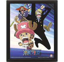 Tredimensionell poster One Piece med karaktärerna Usopp, Sanji och Chopper i en svart ram.