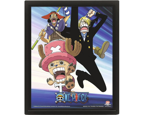 Tredimensionell poster One Piece med karaktärerna Usopp, Sanji och Chopper i en svart ram.
