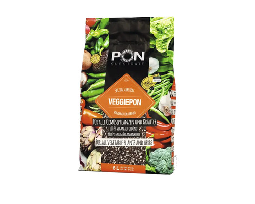 PON SUBSTRATE Logo på specialsubstrat VEGGIEPON 6 liter för grönsaker och örter, gödslat i 6 månader, veganskt och torvfritt.
