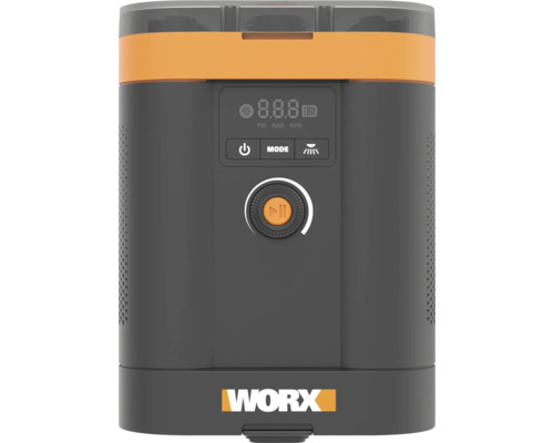 Bärbar batteridriven kompressor från WORX med digital display för lufttryck och WORX Logo.