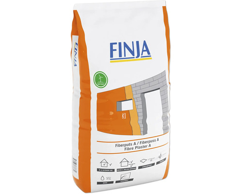 Finja Logo på 25 kilogram säck Fiberputs A fiberförstärkt puts för inne och ute, över och under marknivå, sprutbar, med vindkraft.
