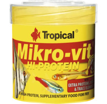 Tropical Mikro-vit Hi-Protein kompletterande foder för fiskyngel med extra proteiner, vitaminer och spårämnen.