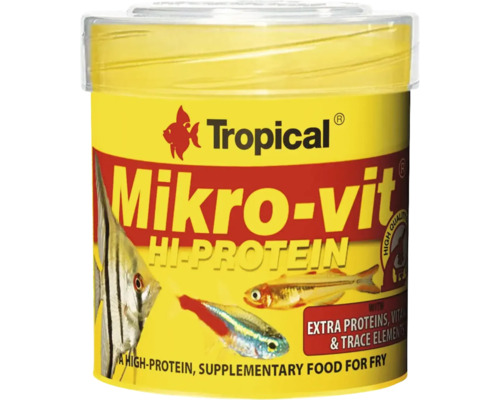 Tropical Mikro-vit Hi-Protein kompletterande foder för fiskyngel med extra proteiner, vitaminer och spårämnen.