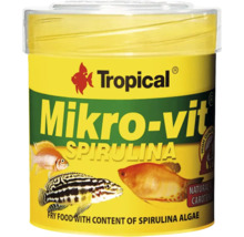 Yngelfoder Tropical Mikro-vit Spirulina för akvariefiskar med spirulina-alger och naturligt karoten.