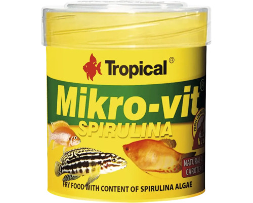 Yngelfoder Tropical Mikro-vit Spirulina för akvariefiskar med spirulina-alger och naturligt karoten.