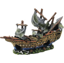 Detaljerad akvariedekoration skeppsvrak piratskepp med master, trasiga segel och öppningar i skrovet.