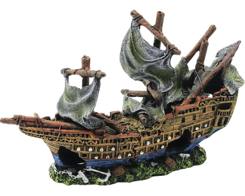 Detaljerad akvariedekoration skeppsvrak piratskepp med master, trasiga segel och öppningar i skrovet.