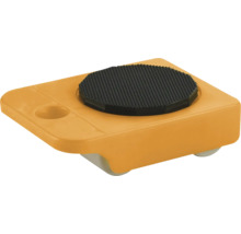 Möbelrulle av orange plast med svart halkskydd och vita hjul för transport av möbler.