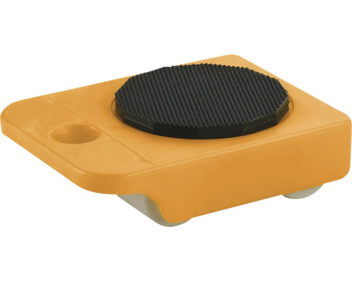 Möbelrulle av orange plast med svart halkskydd och vita hjul för transport av möbler.